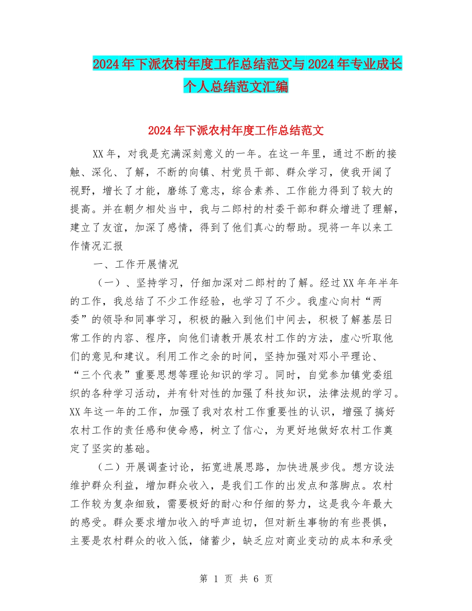 2024年下派农村年度工作总结范文与2024年专业成长个人总结范文汇编_第1页