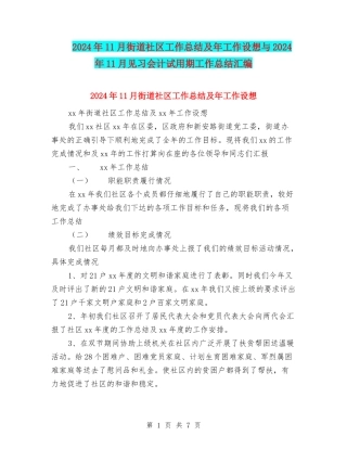 2024年11月街道社区工作总结及年工作设想与2024年11月见习会计试用期工作总结汇编