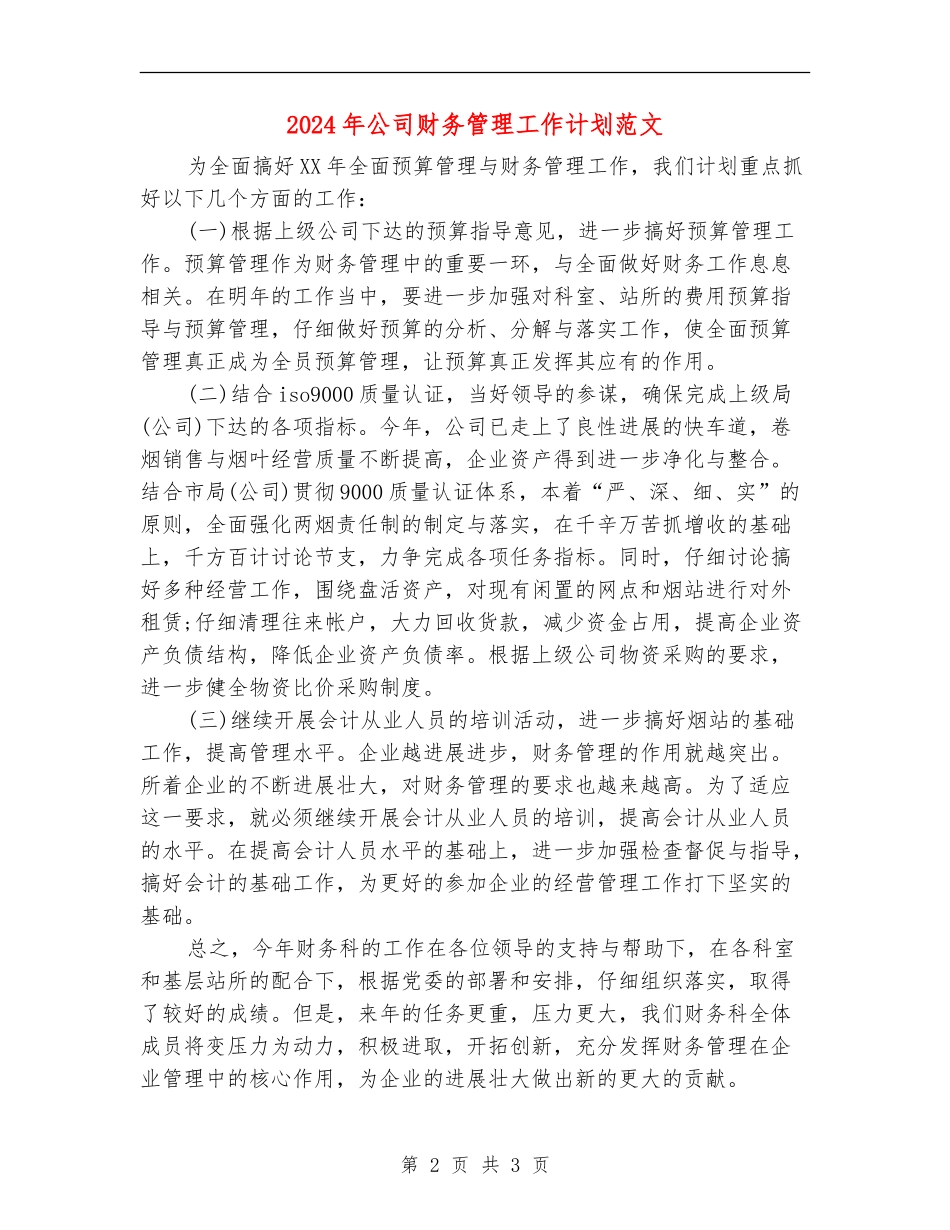 2024年公司财务管理工作计划范文_第2页