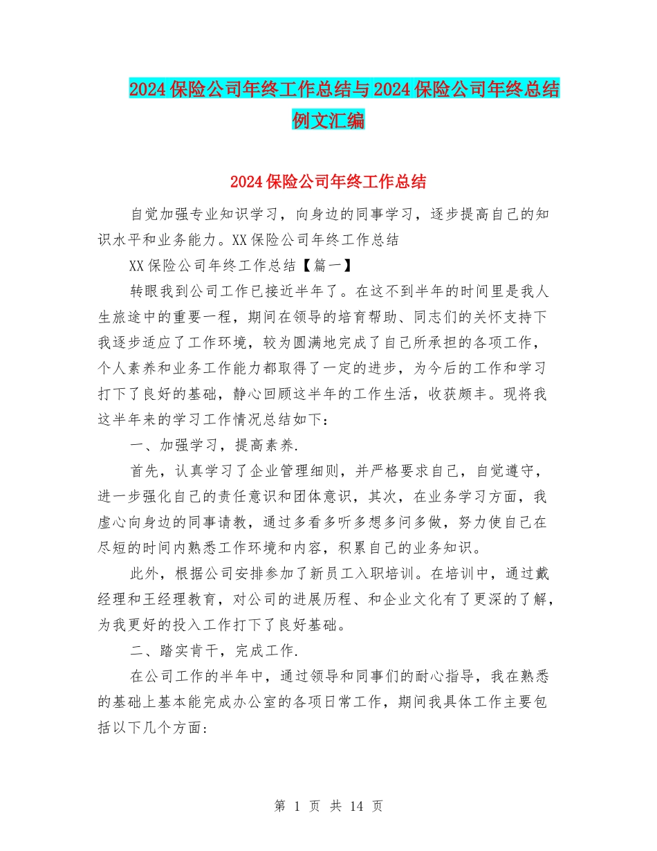 2024保险公司年终工作总结与2024保险公司年终总结例文汇编_第1页