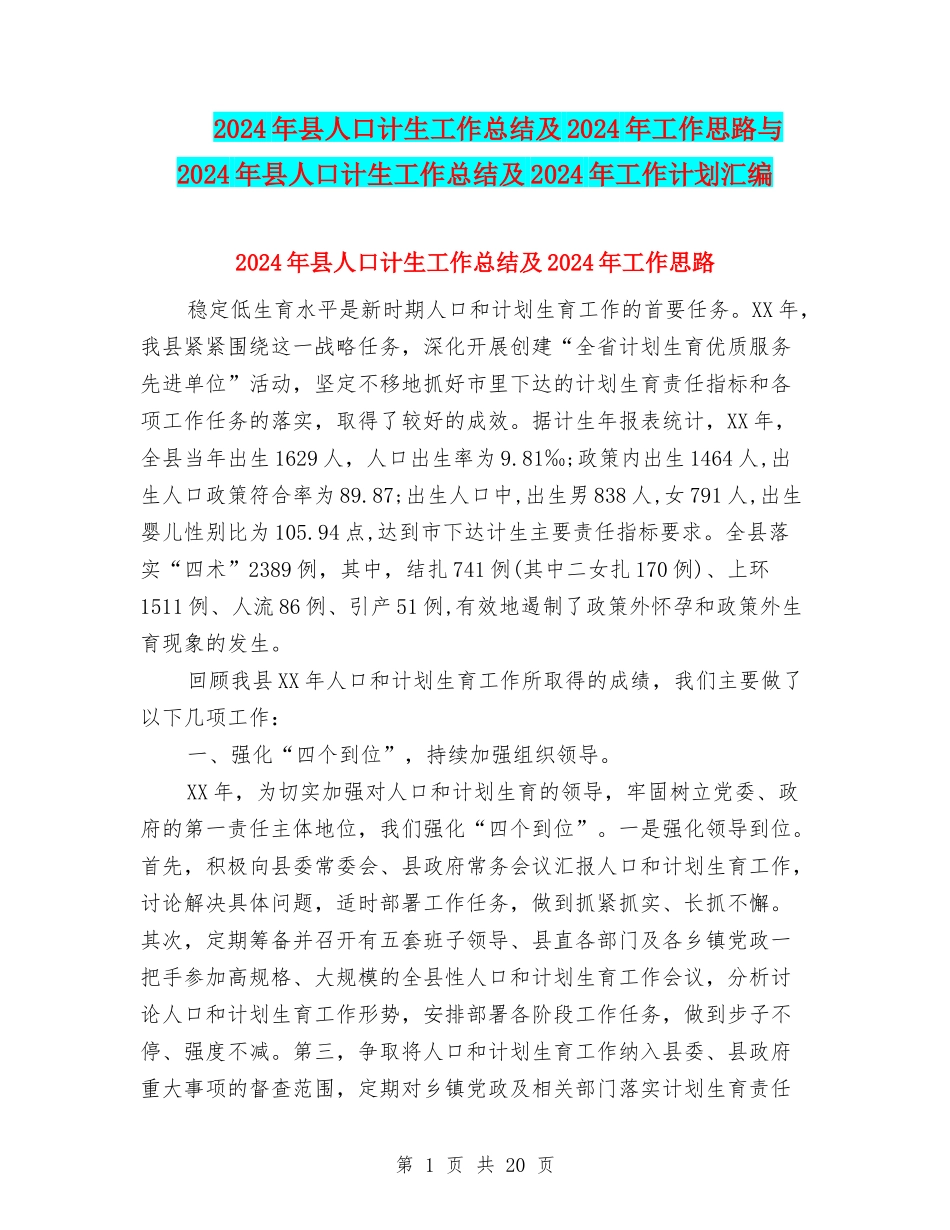 2024年县人口计生工作总结及2024年工作思路与2024年县人口计生工作总结及2024年工作计划汇编_第1页