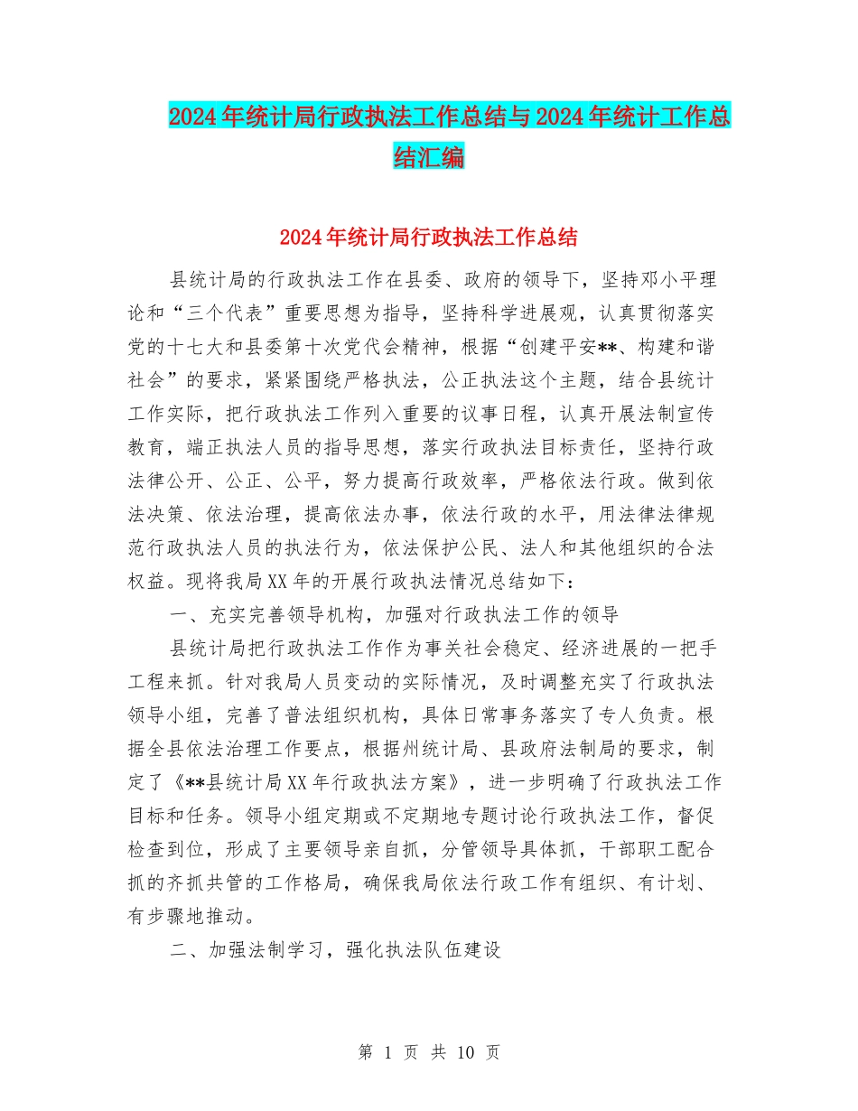 2024年统计局行政执法工作总结与2024年统计工作总结汇编_第1页