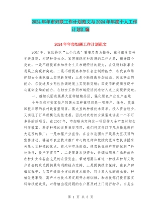 2024年年市妇联工作计划范文与2024年年度个人工作计划汇编