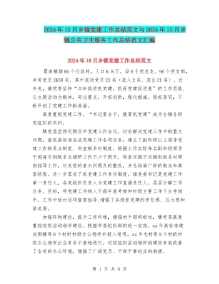 2024年10月乡镇党建工作总结范文与2024年10月乡镇公共卫生服务工作总结范文汇编