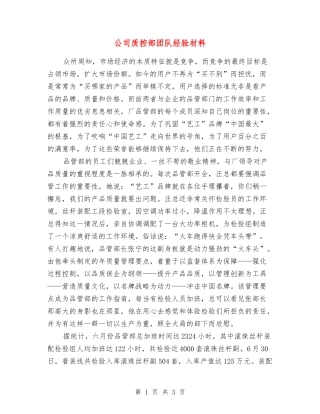 公司质控部团队经验材料