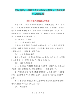 2024年度人力资源工作总结与2024年度人力资源总监个人总结汇编