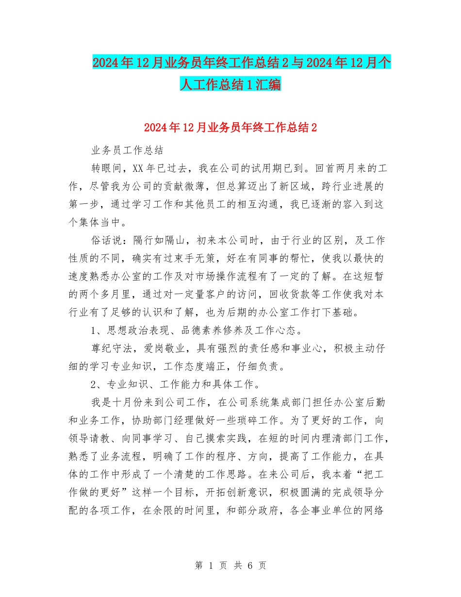 2024年12月业务员年终工作总结2与2024年12月个人工作总结1汇编_第1页