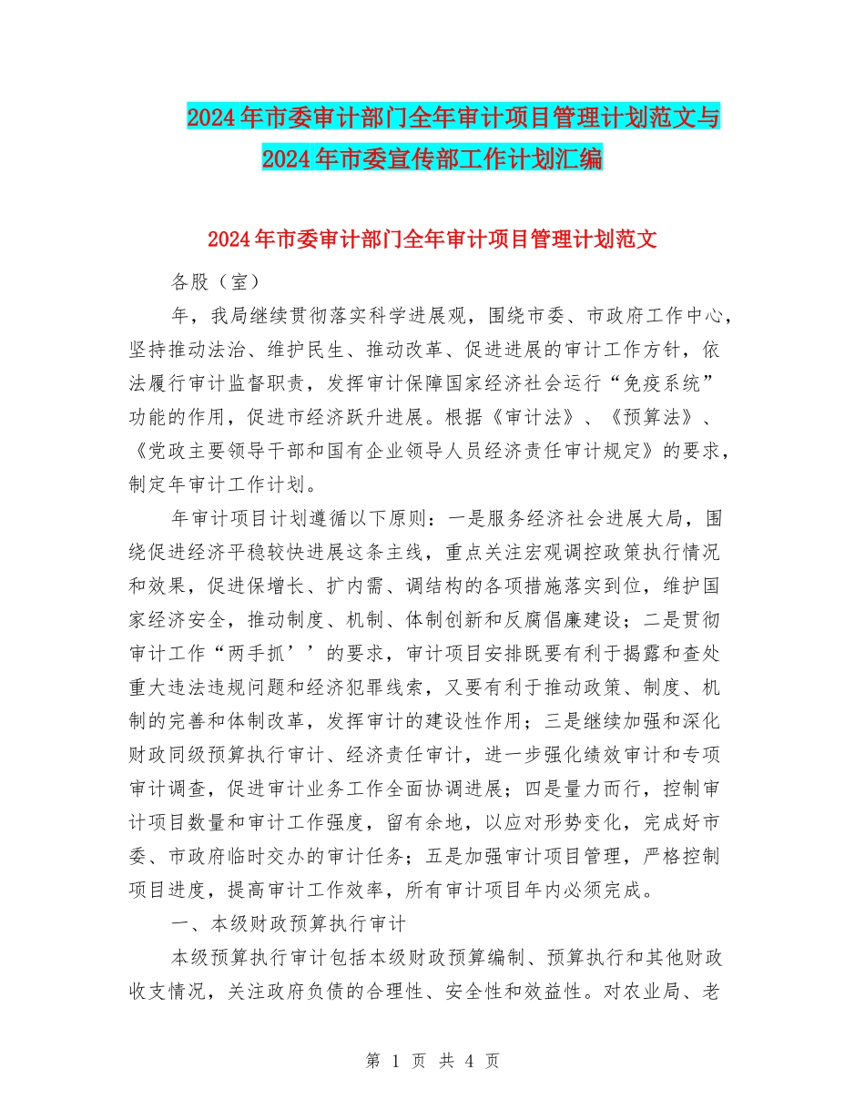 2024年市委审计部门全年审计项目管理计划范文与2024年市委宣传部工作计划汇编_第1页