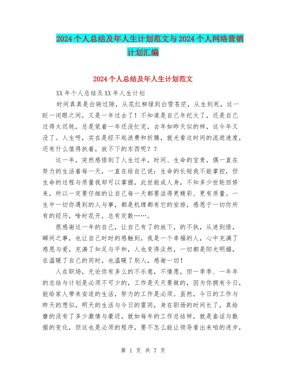 2024个人总结及年人生计划范文与2024个人网络营销计划汇编_第1页
