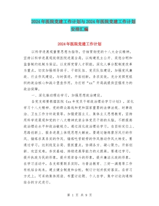 2024年医院党建工作计划与2024年医院党建工作计划安排汇编
