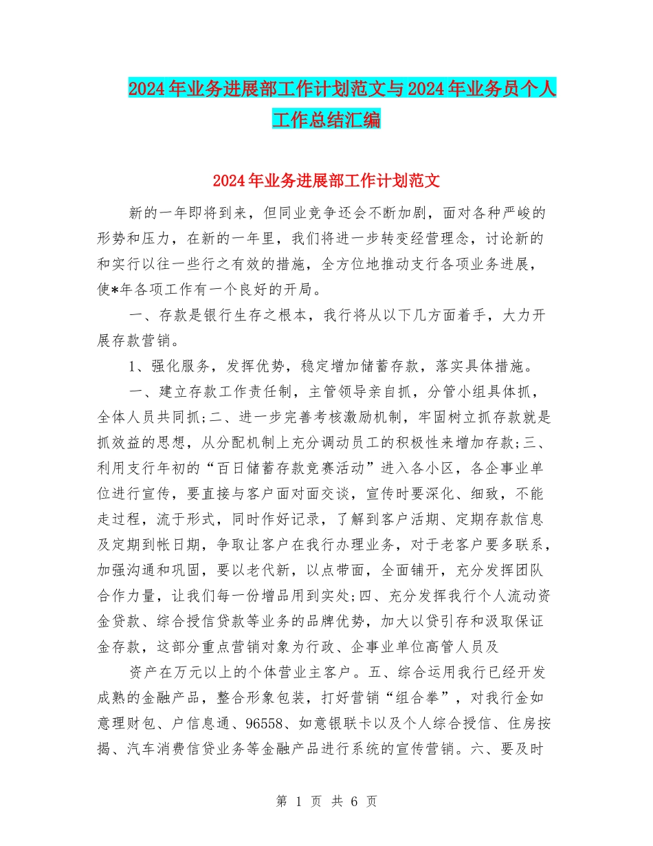 2024年业务发展部工作计划范文与2024年业务员个人工作总结汇编_第1页
