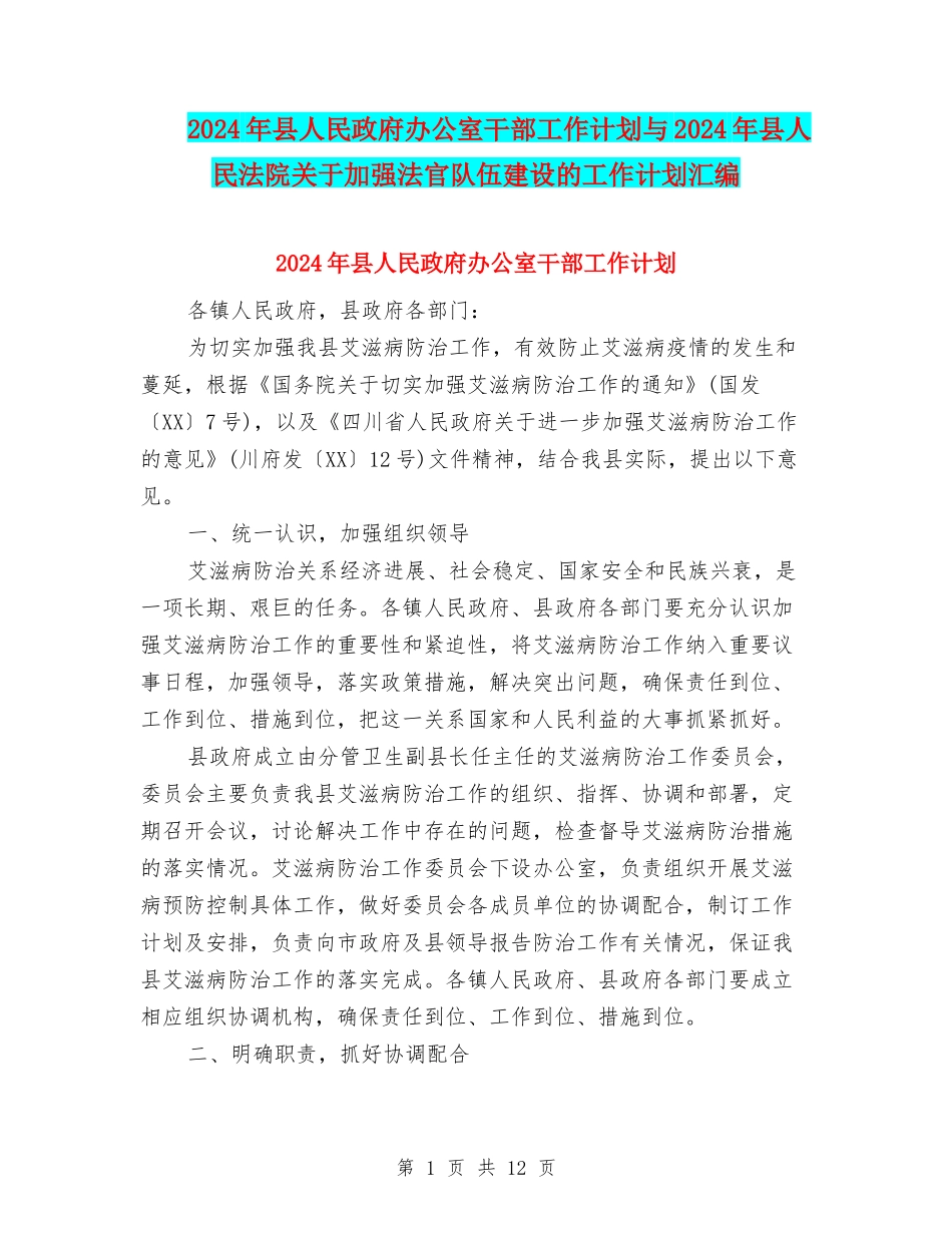 2024年县人民政府办公室干部工作计划与2024年县人民法院关于加强法官队伍建设的工作计划汇编_第1页