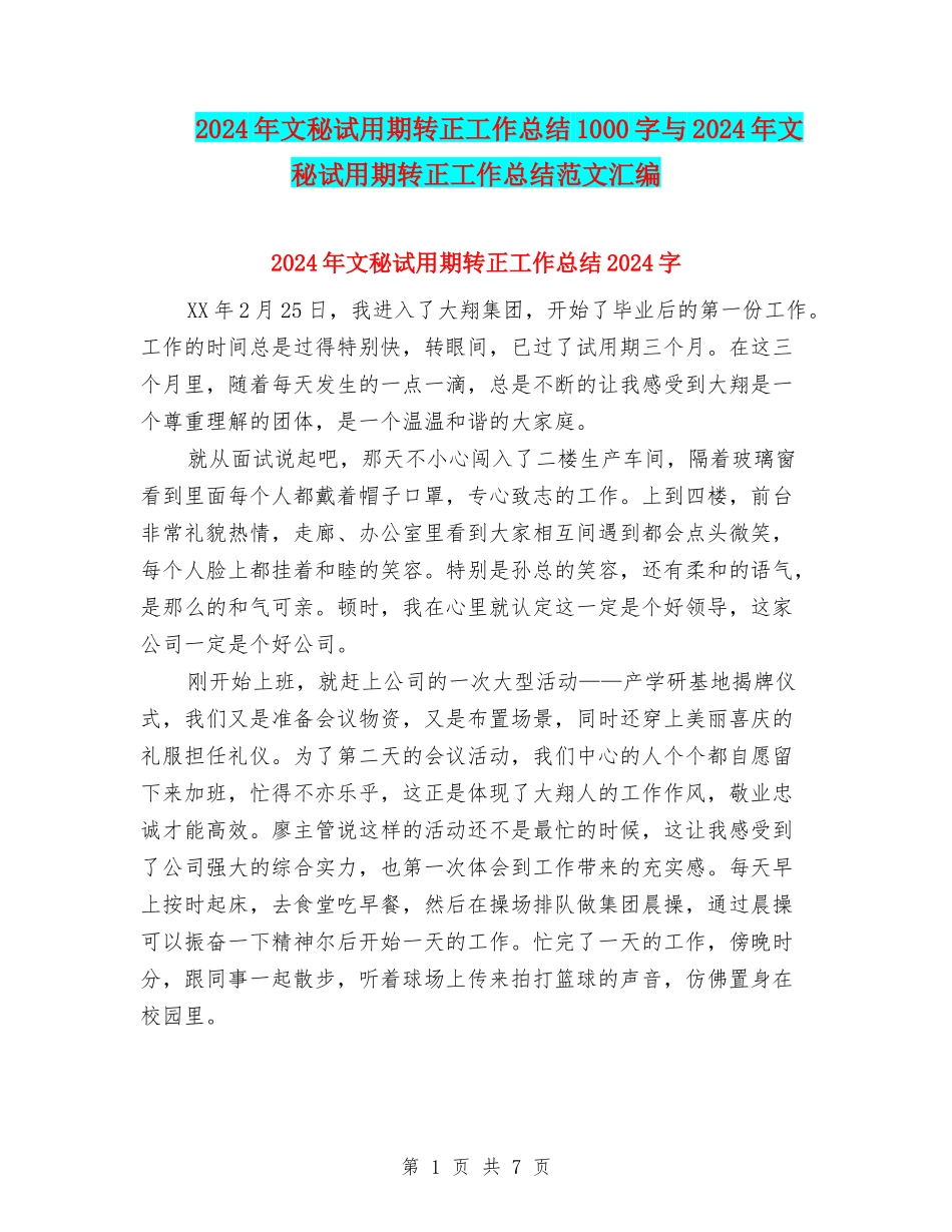 2024年文秘试用期转正工作总结1000字与2024年文秘试用期转正工作总结范文汇编_第1页