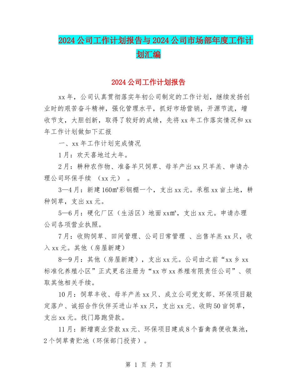 2024公司工作计划报告与2024公司市场部年度工作计划汇编_第1页