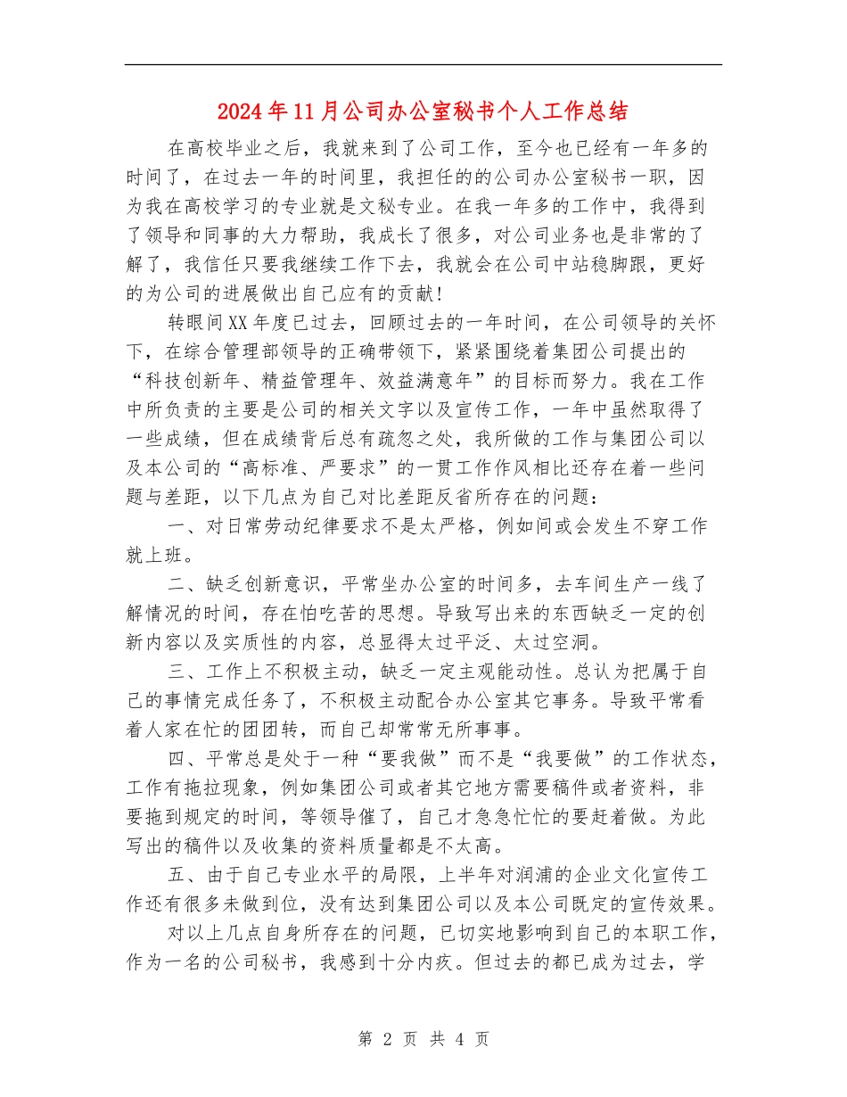 2024年11月公司办公室秘书个人工作总结_第2页
