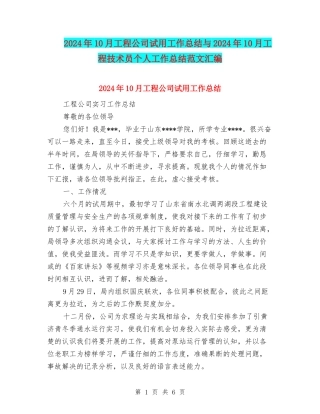 2024年10月工程公司试用工作总结与2024年10月工程技术员个人工作总结范文汇编