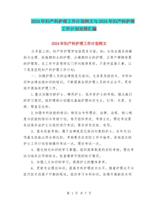 2024年妇产科护理工作计划例文与2024年妇产科护理工作计划安排汇编