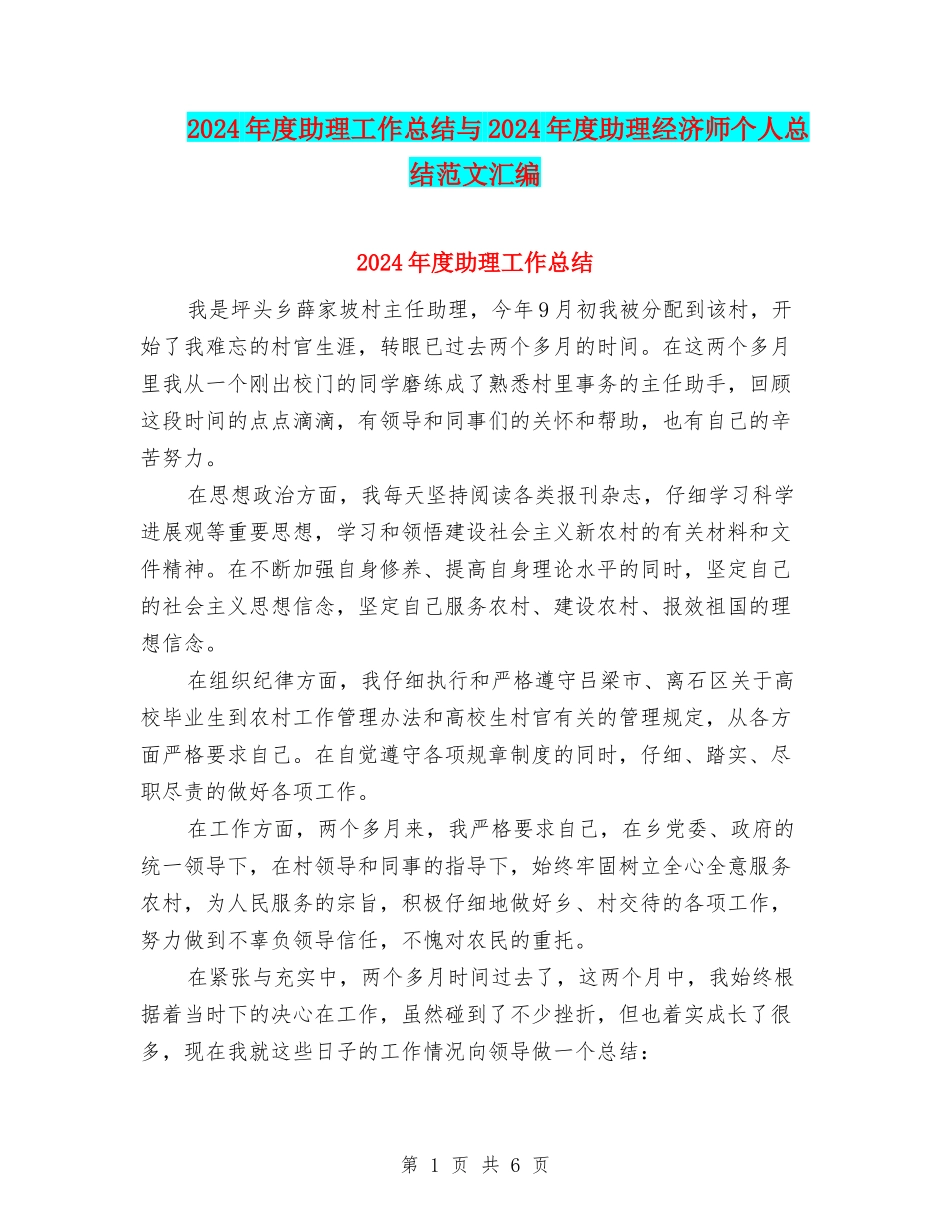 2024年度助理工作总结与2024年度助理经济师个人总结范文汇编_第1页