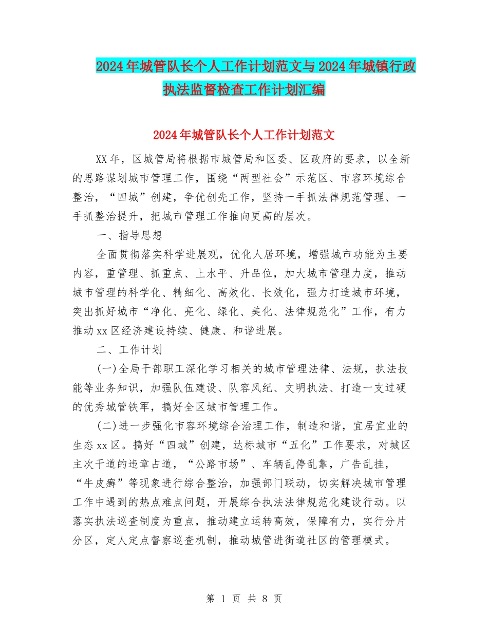 2024年城管队长个人工作计划范文与2024年城镇行政执法监督检查工作计划汇编_第1页