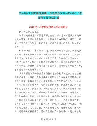 2024年3月护理试用期工作总结范文与2024年3月护理部工作总结汇编