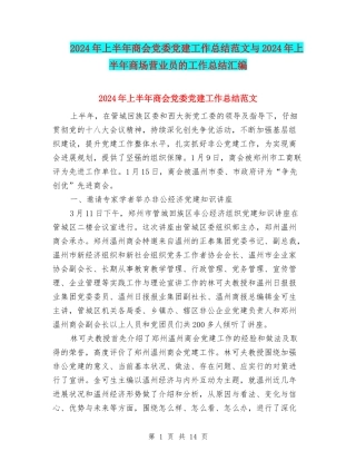 2024年上半年商会党委党建工作总结范文与2024年上半年商场营业员的工作总结汇编