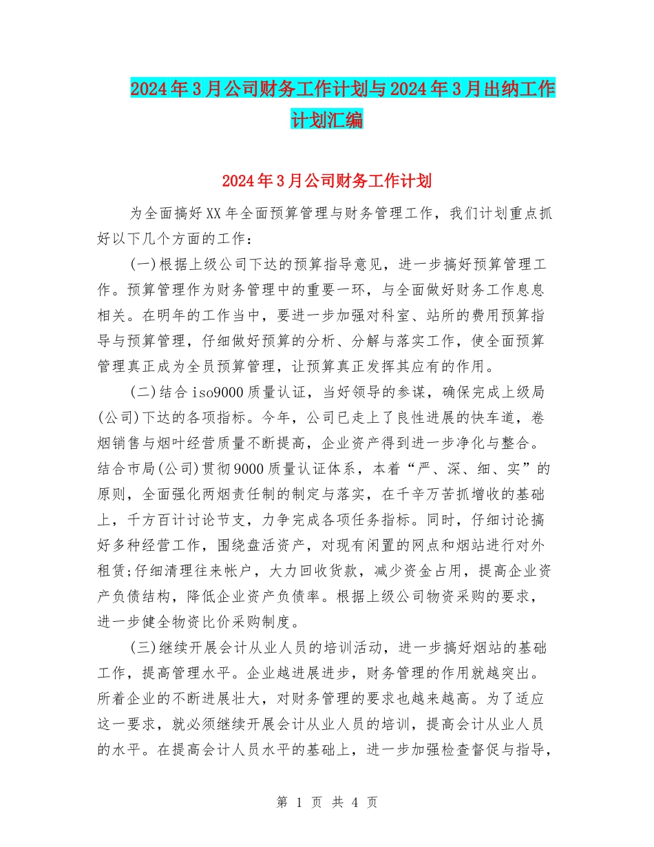 2024年3月公司财务工作计划与2024年3月出纳工作计划汇编_第1页