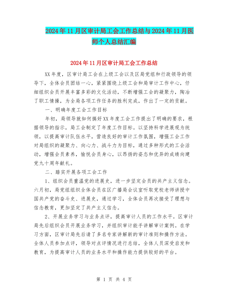 2024年11月区审计局工会工作总结与2024年11月医师个人总结汇编_第1页