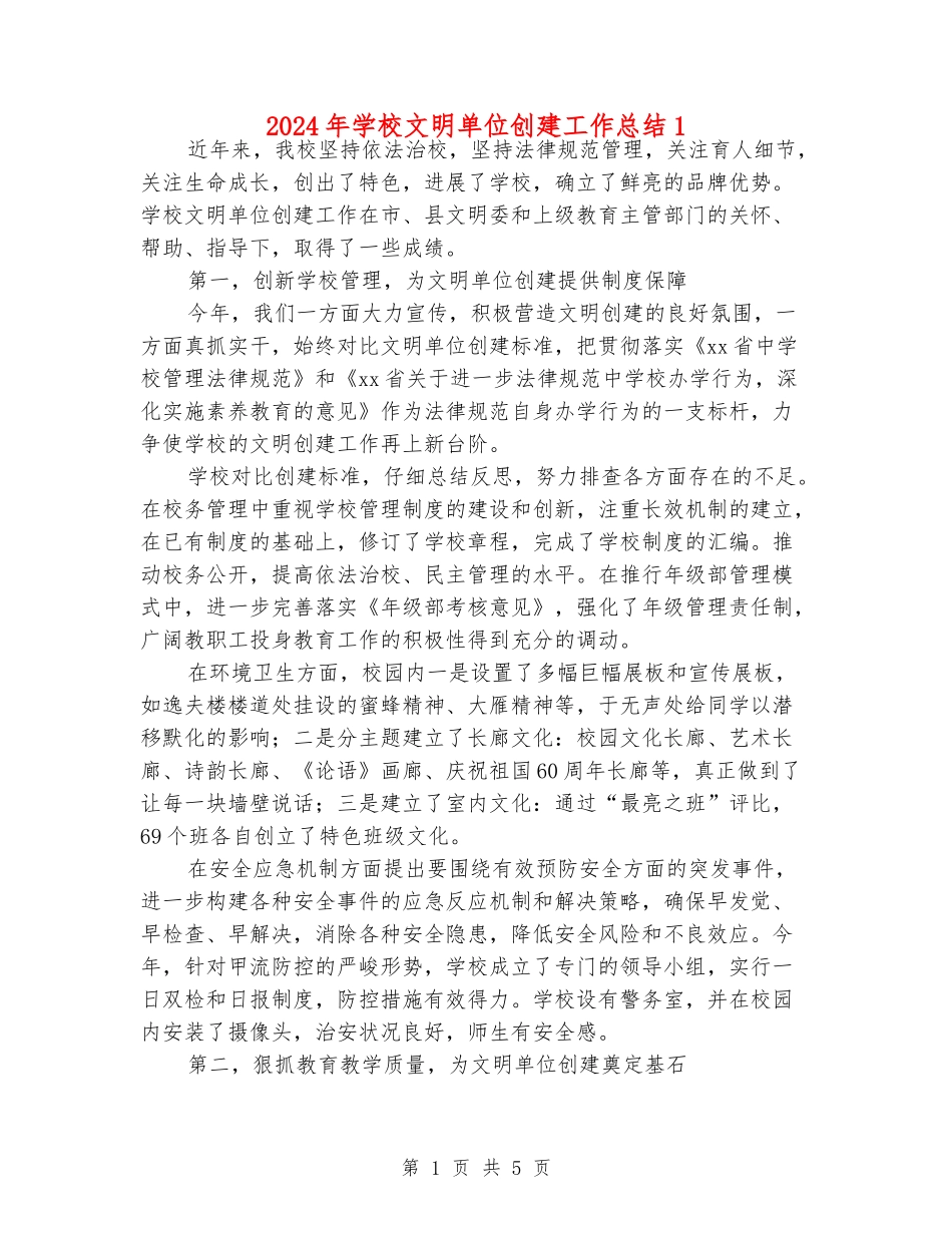 2024年小学文明单位创建工作总结1_第1页