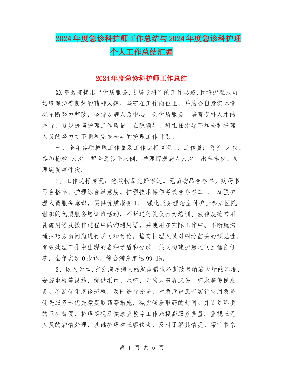 2024年度急诊科护师工作总结与2024年度急诊科护理个人工作总结汇编_第1页