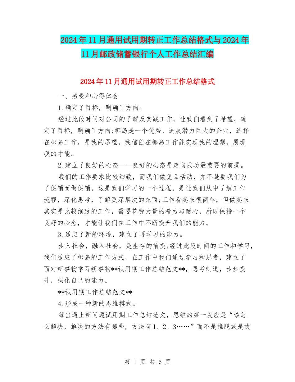 2024年11月通用试用期转正工作总结格式与2024年11月邮政储蓄银行个人工作总结汇编_第1页