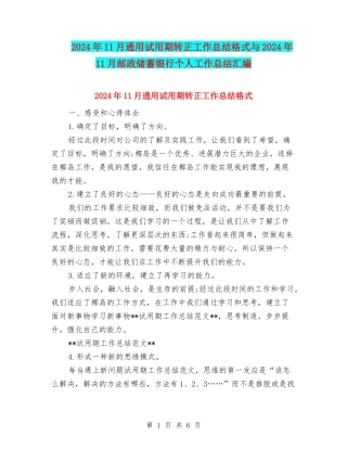 2024年11月通用试用期转正工作总结格式与2024年11月邮政储蓄银行个人工作总结汇编
