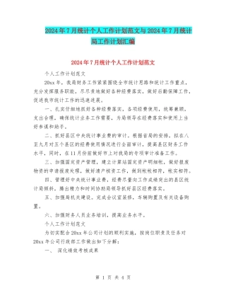 2024年7月统计个人工作计划范文与2024年7月统计局工作计划汇编