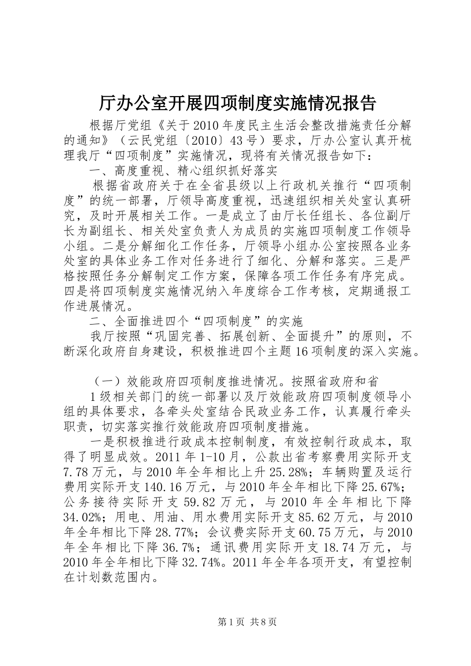 厅办公室开展四项规章制度实施情况报告_第1页