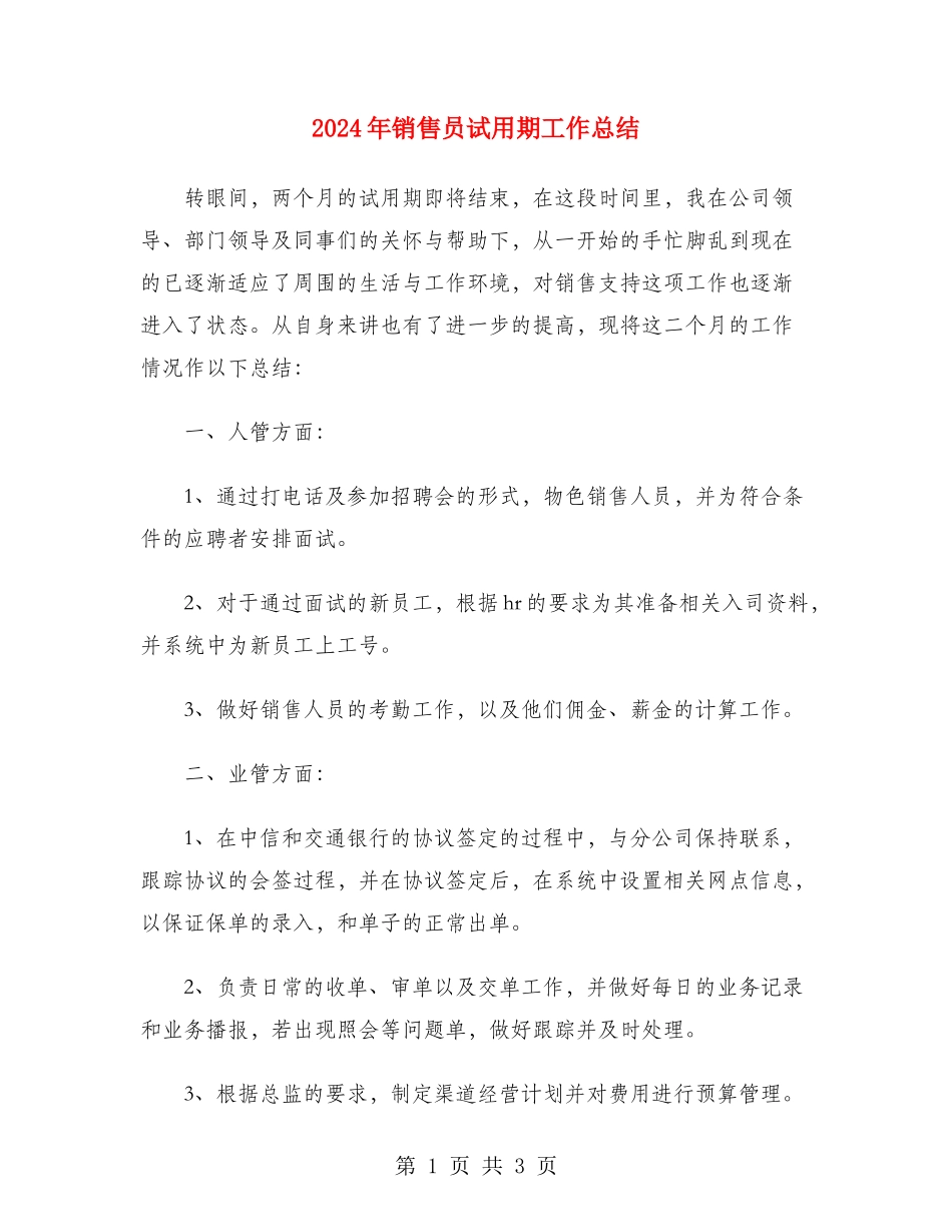 2024年销售员试用期工作总结_第1页