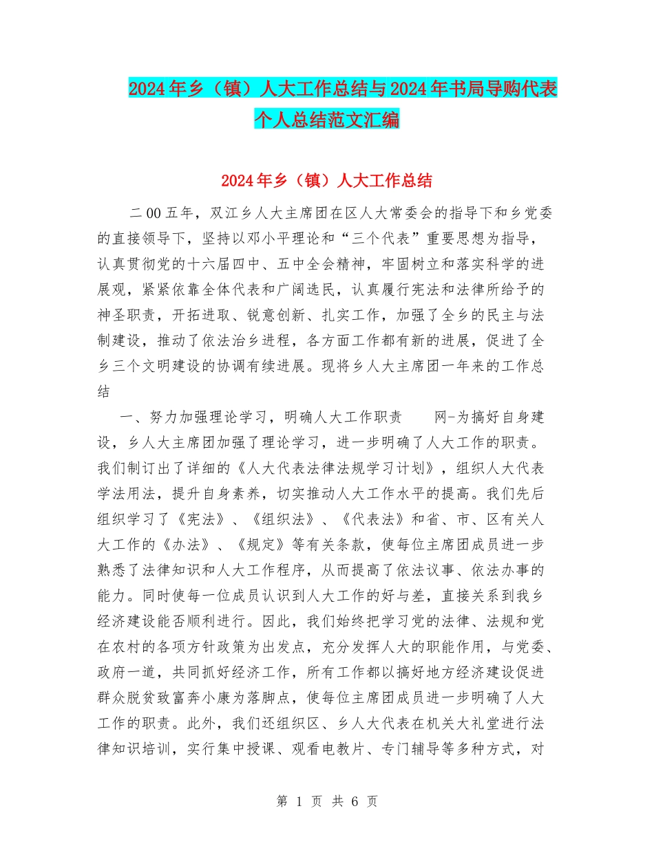2024年乡人大工作总结与2024年书局导购代表个人总结范文汇编_第1页
