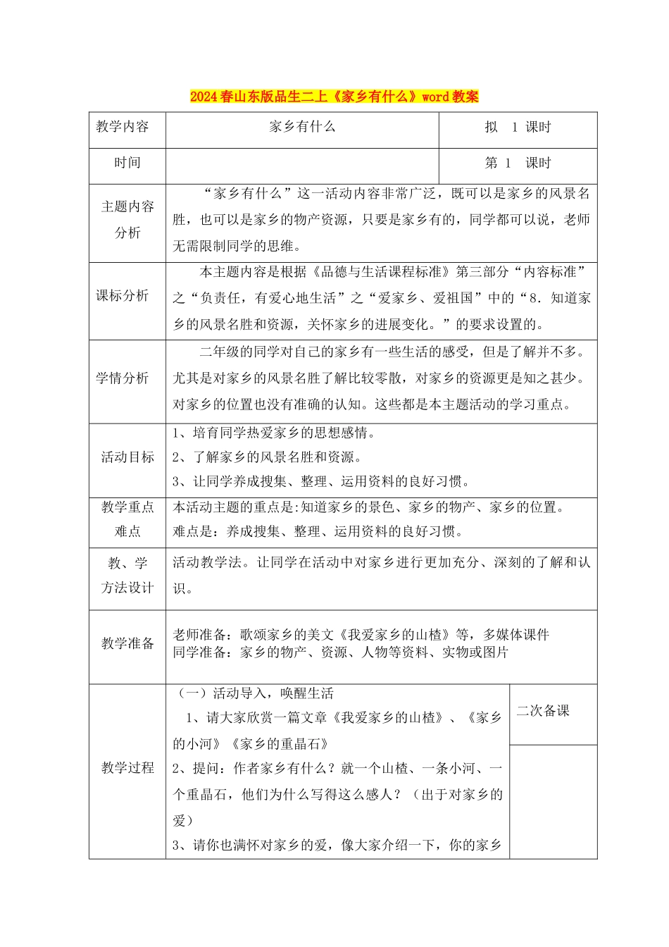 2024春山东版品生二上《家乡有什么》word教案_第1页