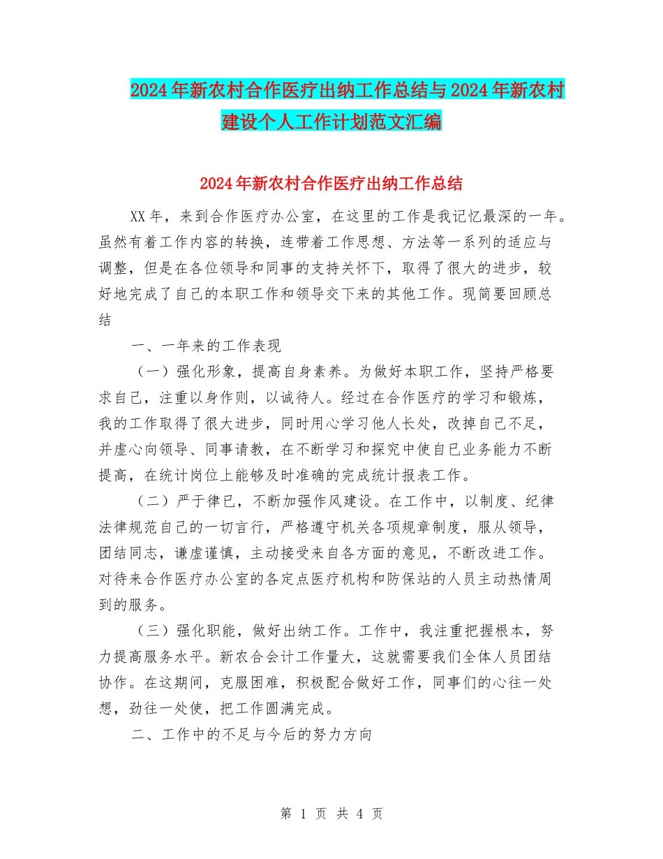 2024年新农村合作医疗出纳工作总结与2024年新农村建设个人工作计划范文汇编_第1页