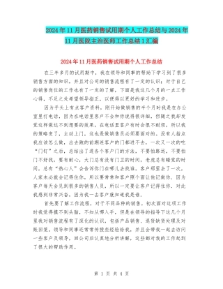 2024年11月医药销售试用期个人工作总结与2024年11月医院主治医师工作总结1汇编