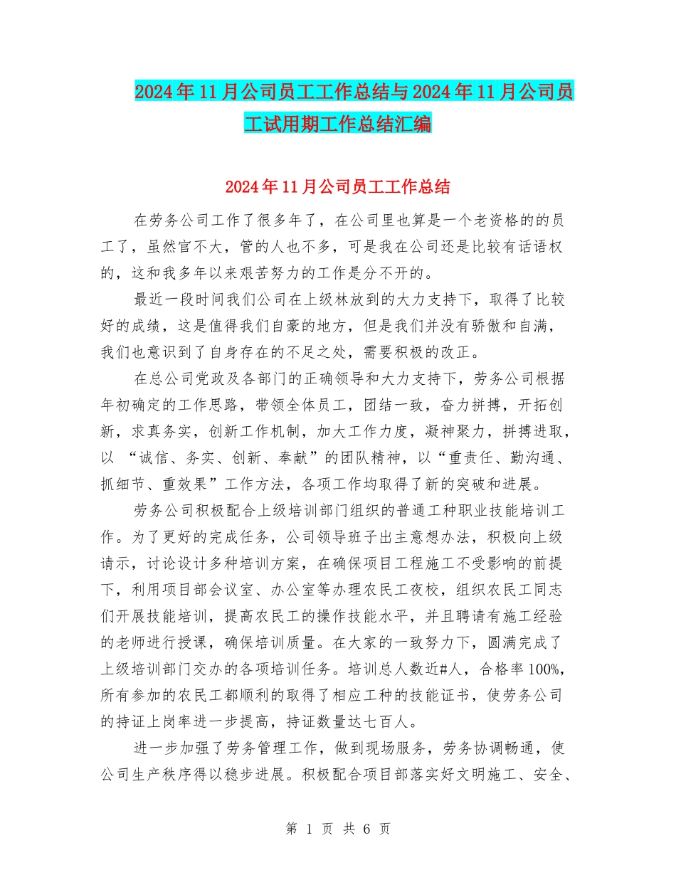 2024年11月公司员工工作总结与2024年11月公司员工试用期工作总结汇编_第1页