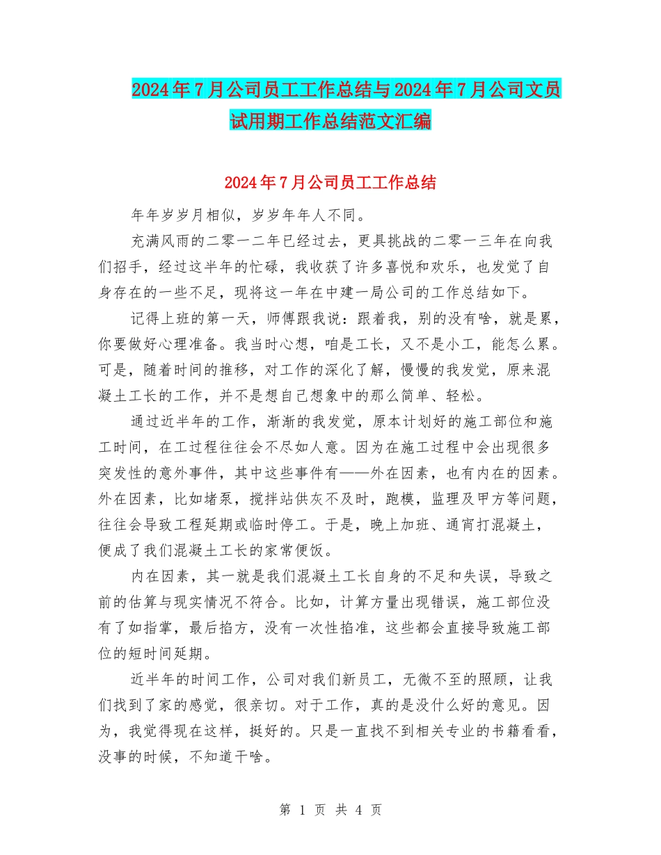 2024年7月公司员工工作总结与2024年7月公司文员试用期工作总结范文汇编_第1页