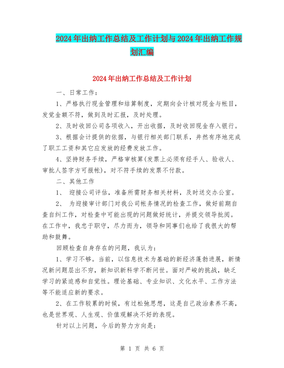 2024年出纳工作总结及工作计划与2024年出纳工作规划汇编_第1页