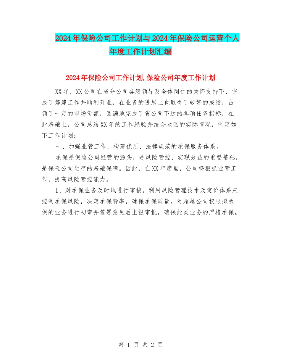 2024年保险公司工作计划与2024年保险公司运营个人年度工作计划汇编_第1页