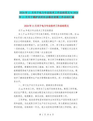 2024年11月关于电力专业技术工作总结范文与2024年11月关于维护农村社会稳定发展工作总结汇编
