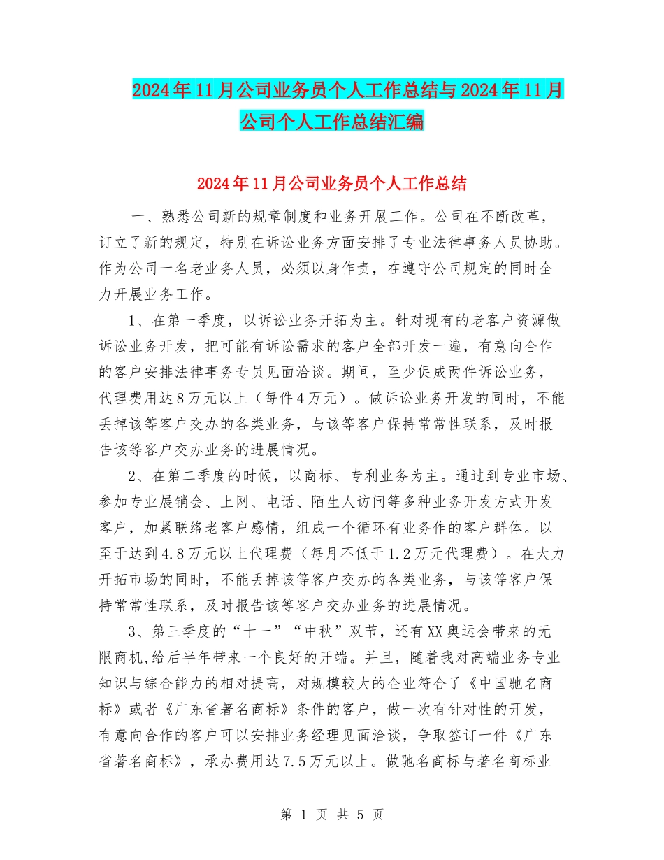 2024年11月公司业务员个人工作总结与2024年11月公司个人工作总结汇编_第1页