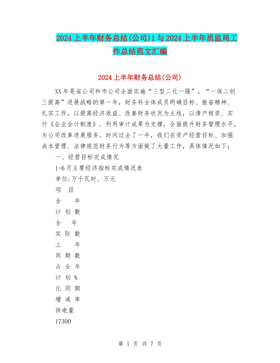 2024上半年财务总结1与2024上半年质监局工作总结范文汇编_第1页