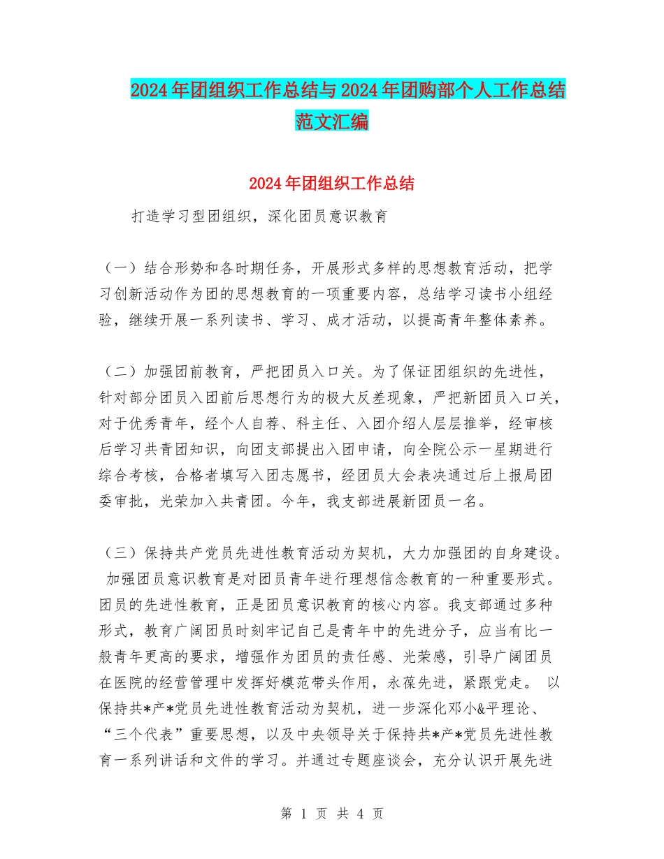 2024年团组织工作总结与2024年团购部个人工作总结范文汇编_第1页