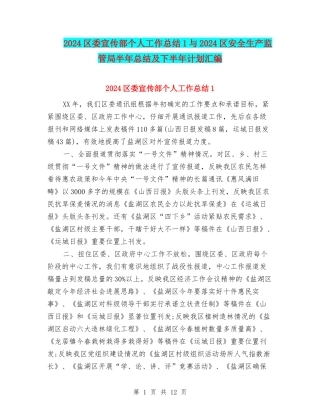 2024区委宣传部个人工作总结1与2024区安全生产监管局半年总结及下半年计划汇编