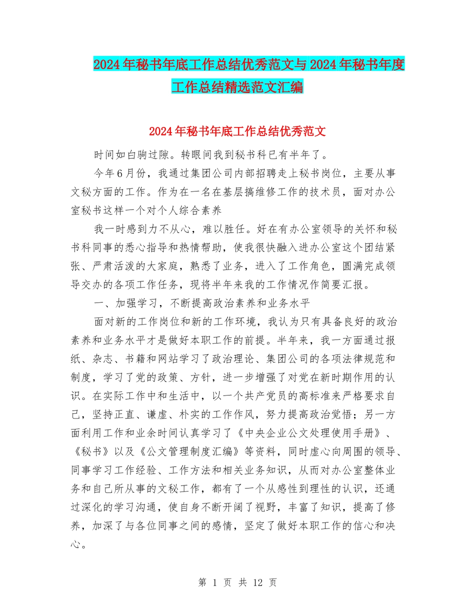 2024年秘书年底工作总结优秀范文与2024年秘书年度工作总结精选范文汇编_第1页