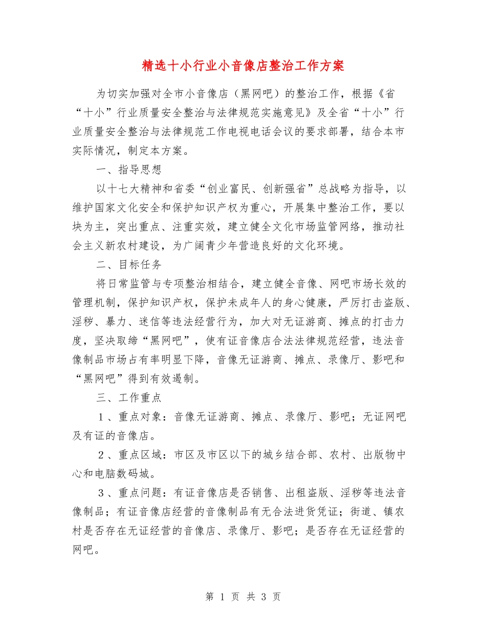 十小行业小音像店整治工作方案_第1页