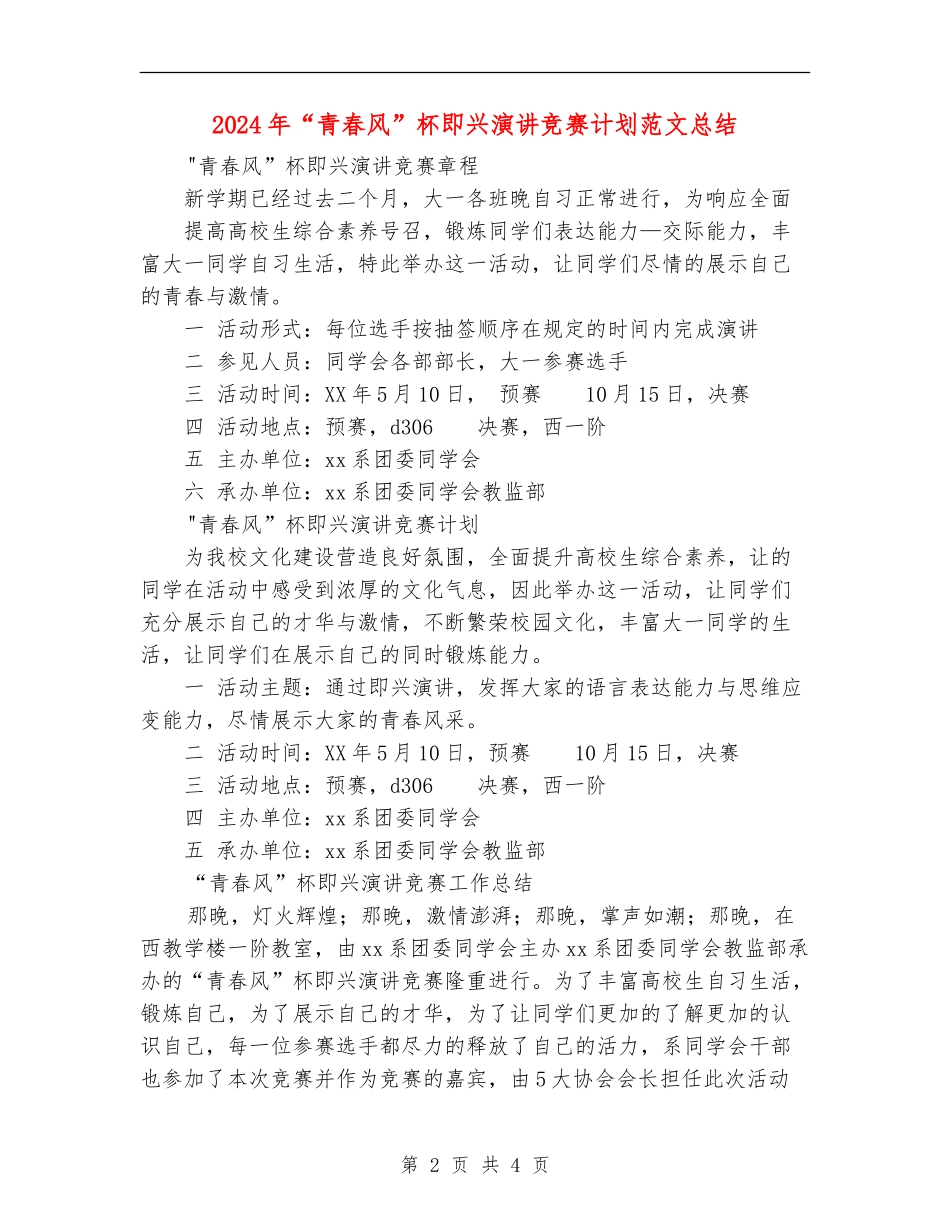 2024年“青春风”杯即兴演讲比赛计划范文总结_第2页